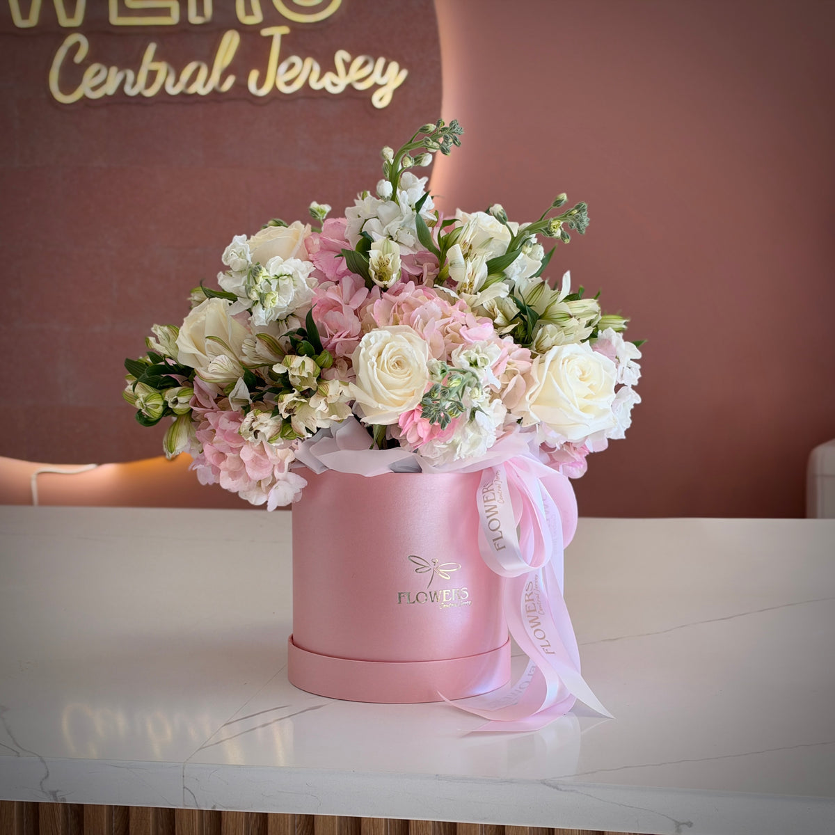 ANITA Pink Hydrangea White Roses & Stock Flower Box
