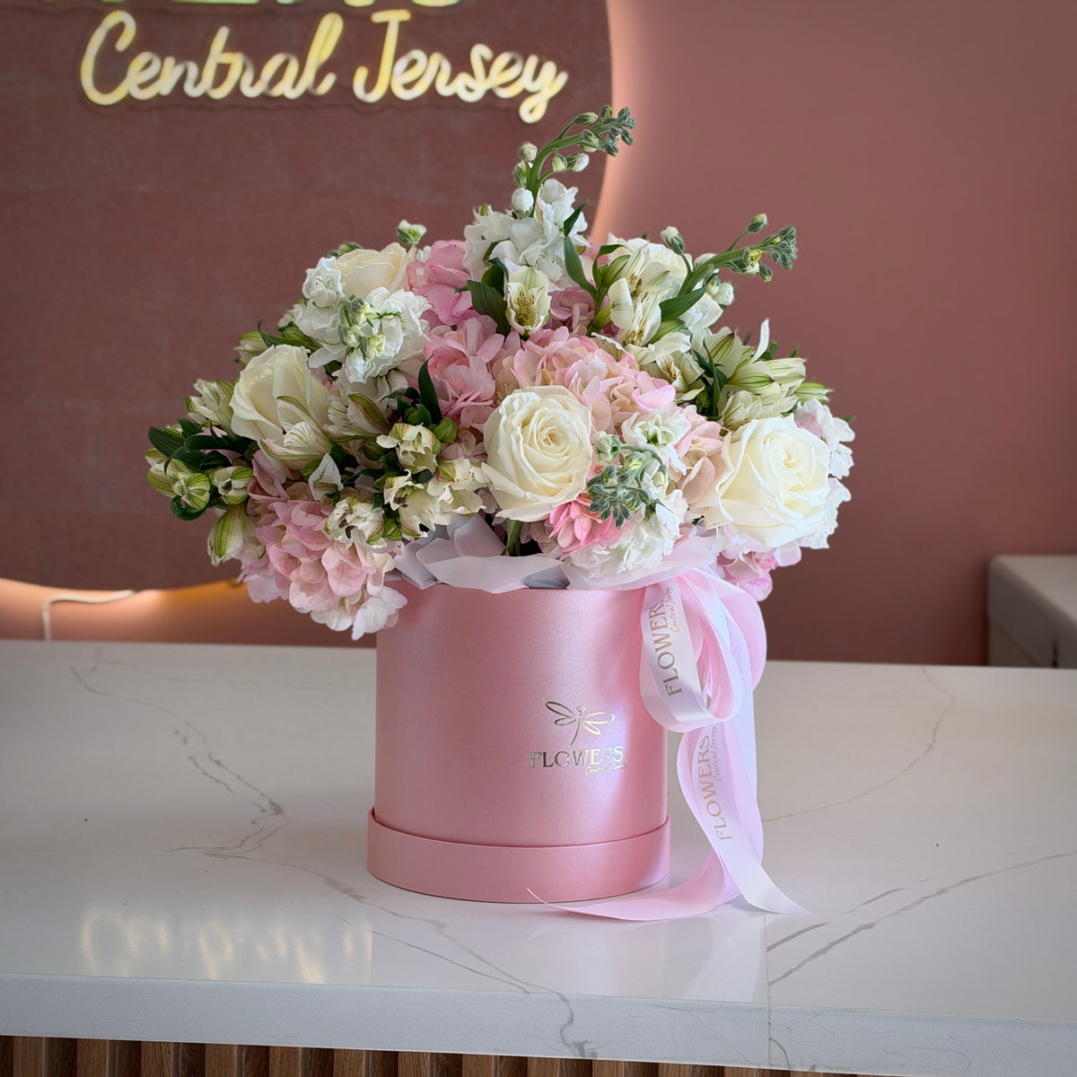 ANITA Pink Hydrangea White Roses & Stock Flower Box