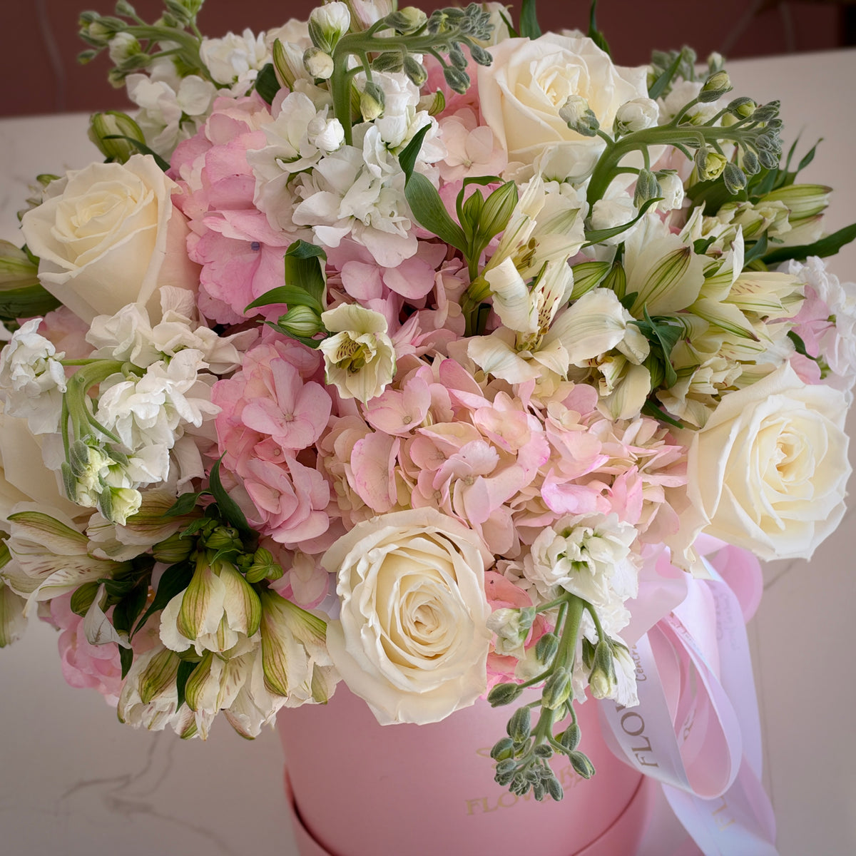 ANITA Pink Hydrangea White Roses & Stock Flower Box