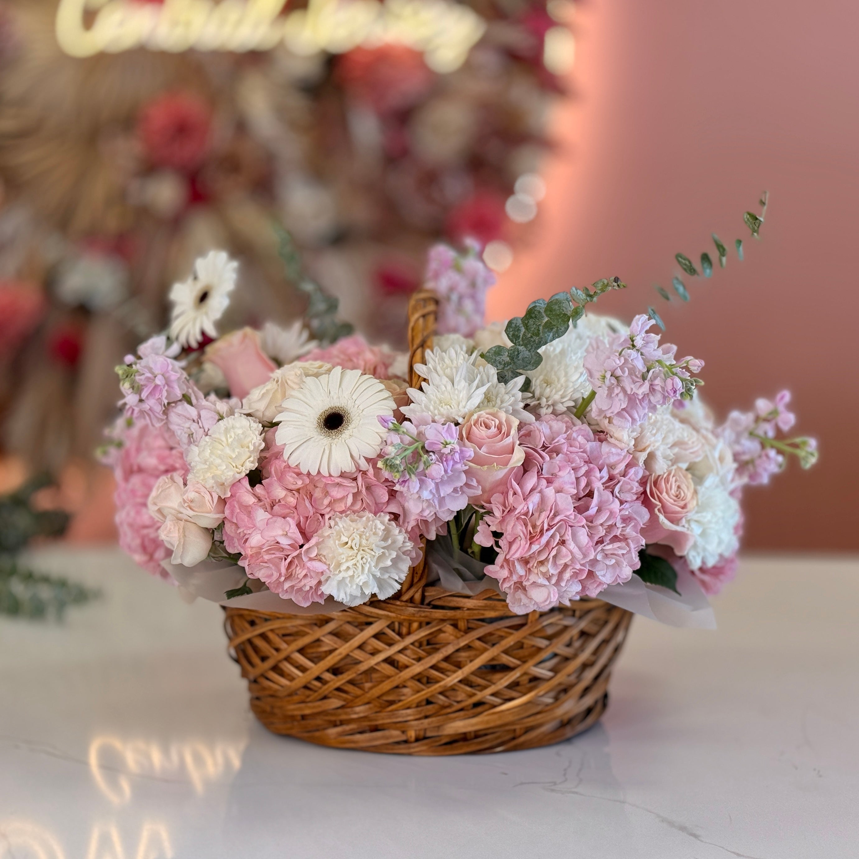 NARDINE Pink Hydrangea & White Flower Basket