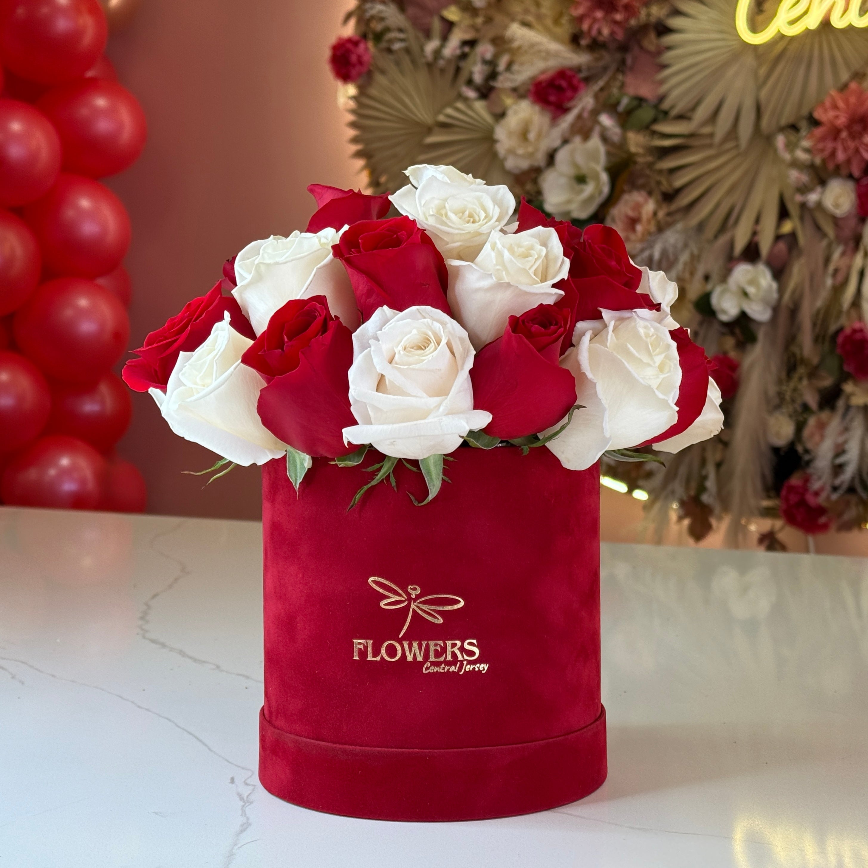 SCARLET Red & White Roses Flower Box