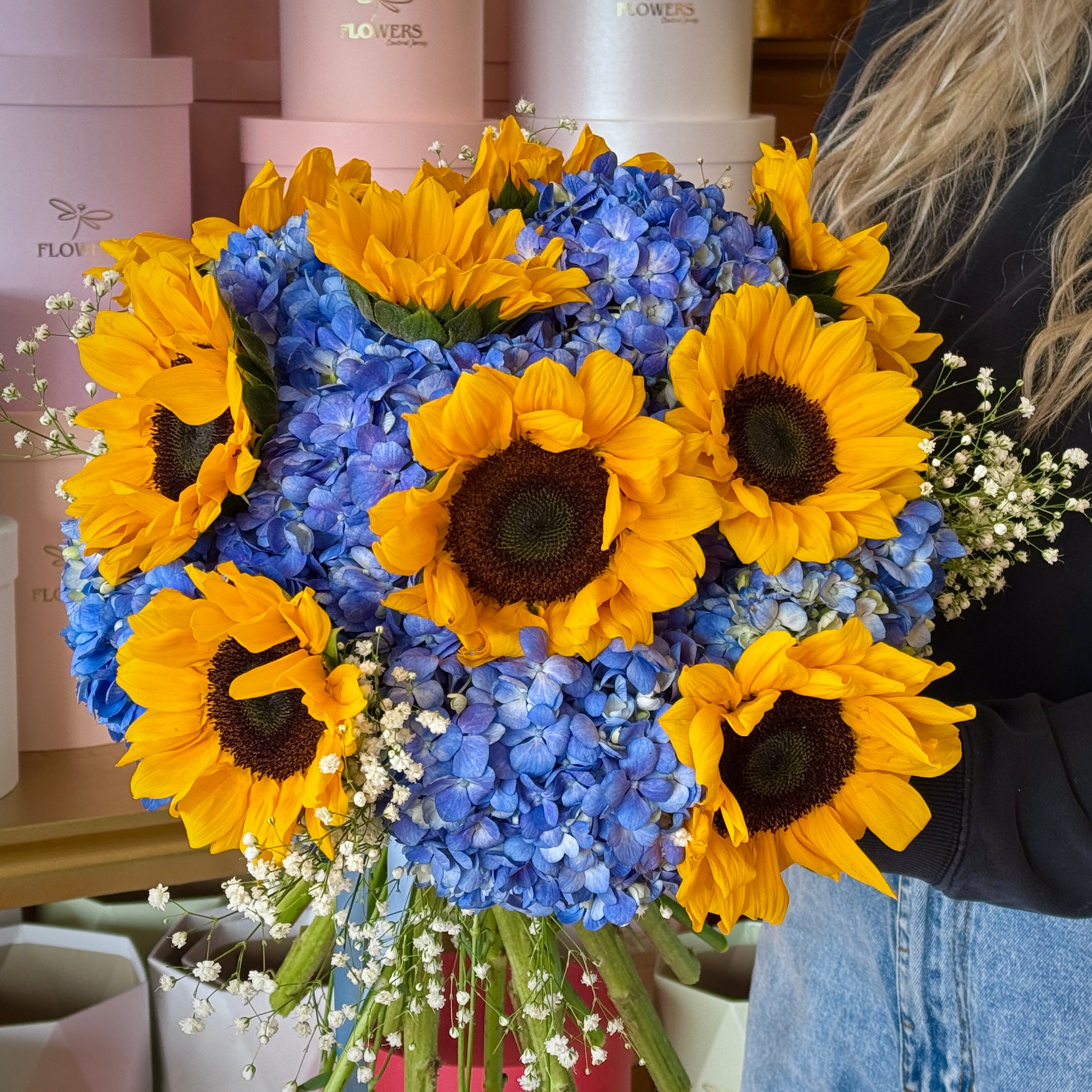 MAYA Blue Hydrangea & Sunflowers Signature Bouquet