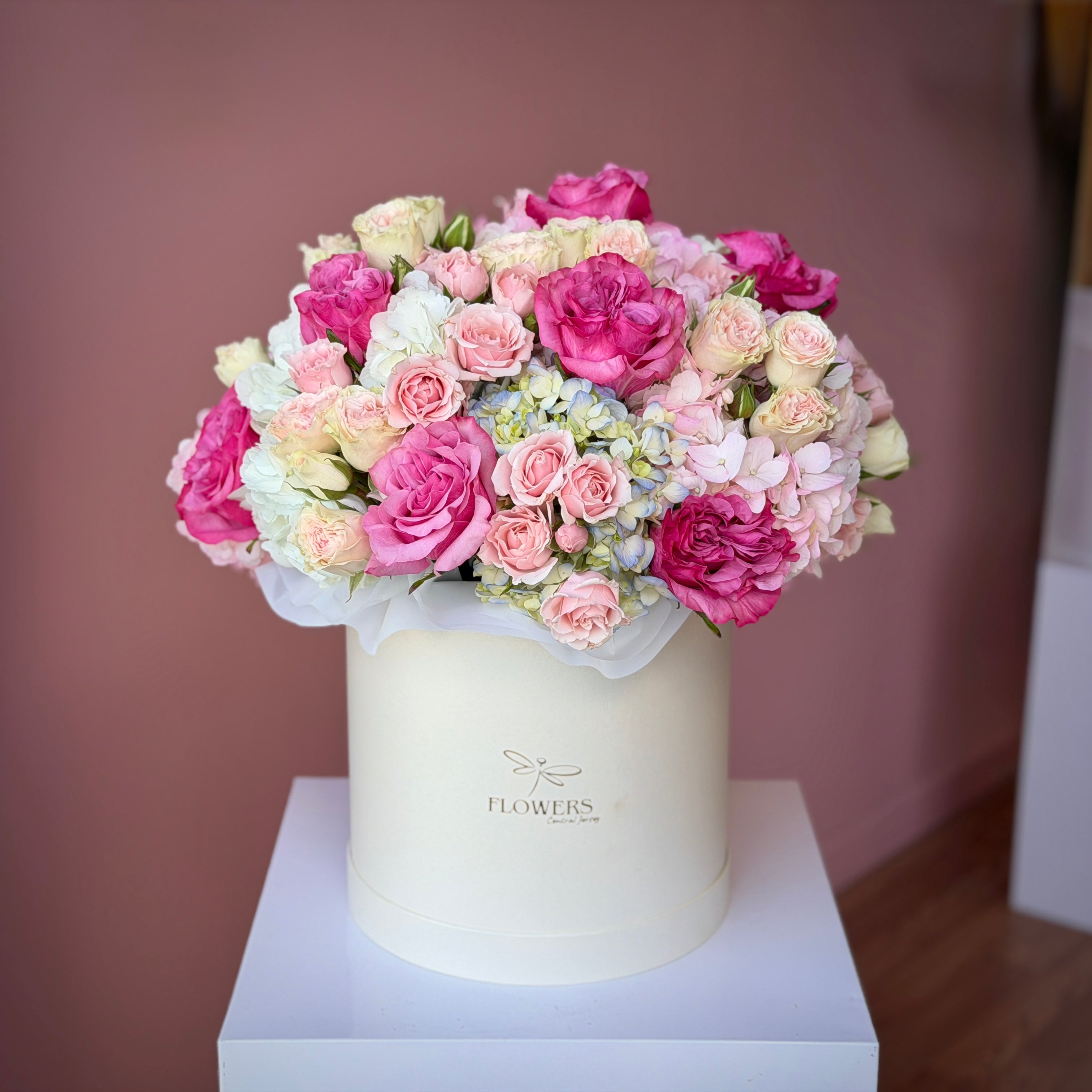 GABRIELLE Purple & Pink Roses with Hydrangea Flower Box