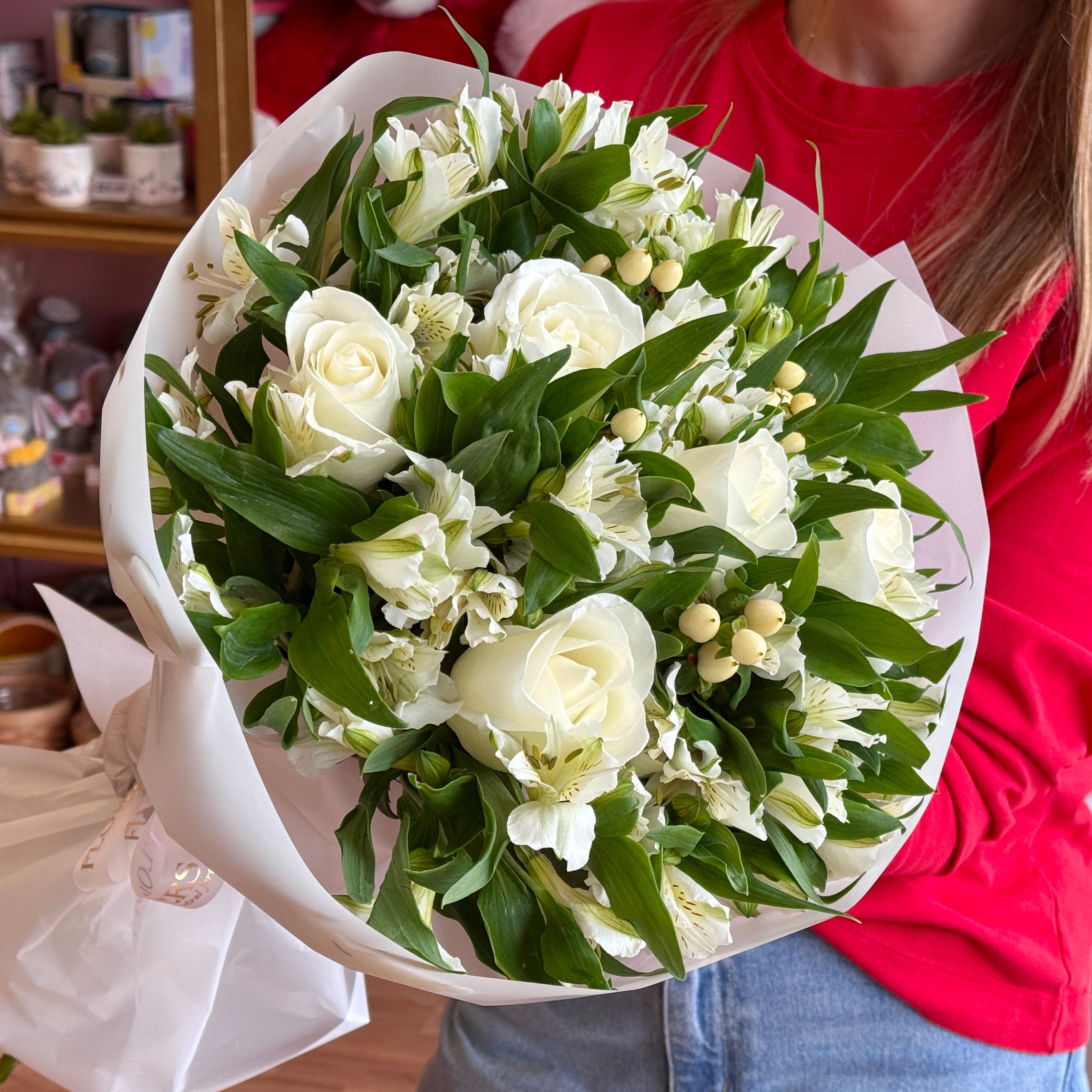 ALISA White Roses, Stock & Alstroemeria Signature Bouquet