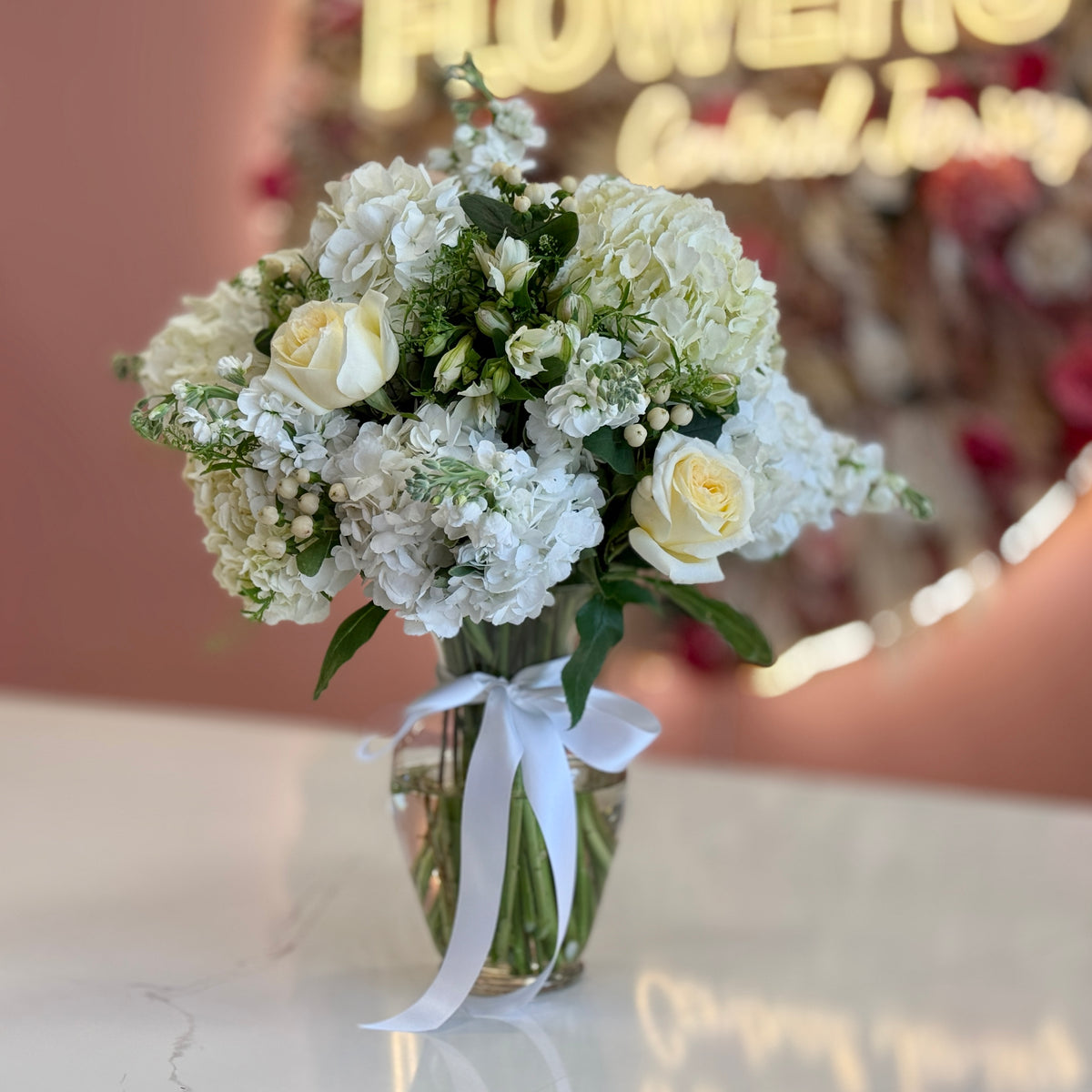 IRINA White Roses Stock & Alstroemeria Signature Vase
