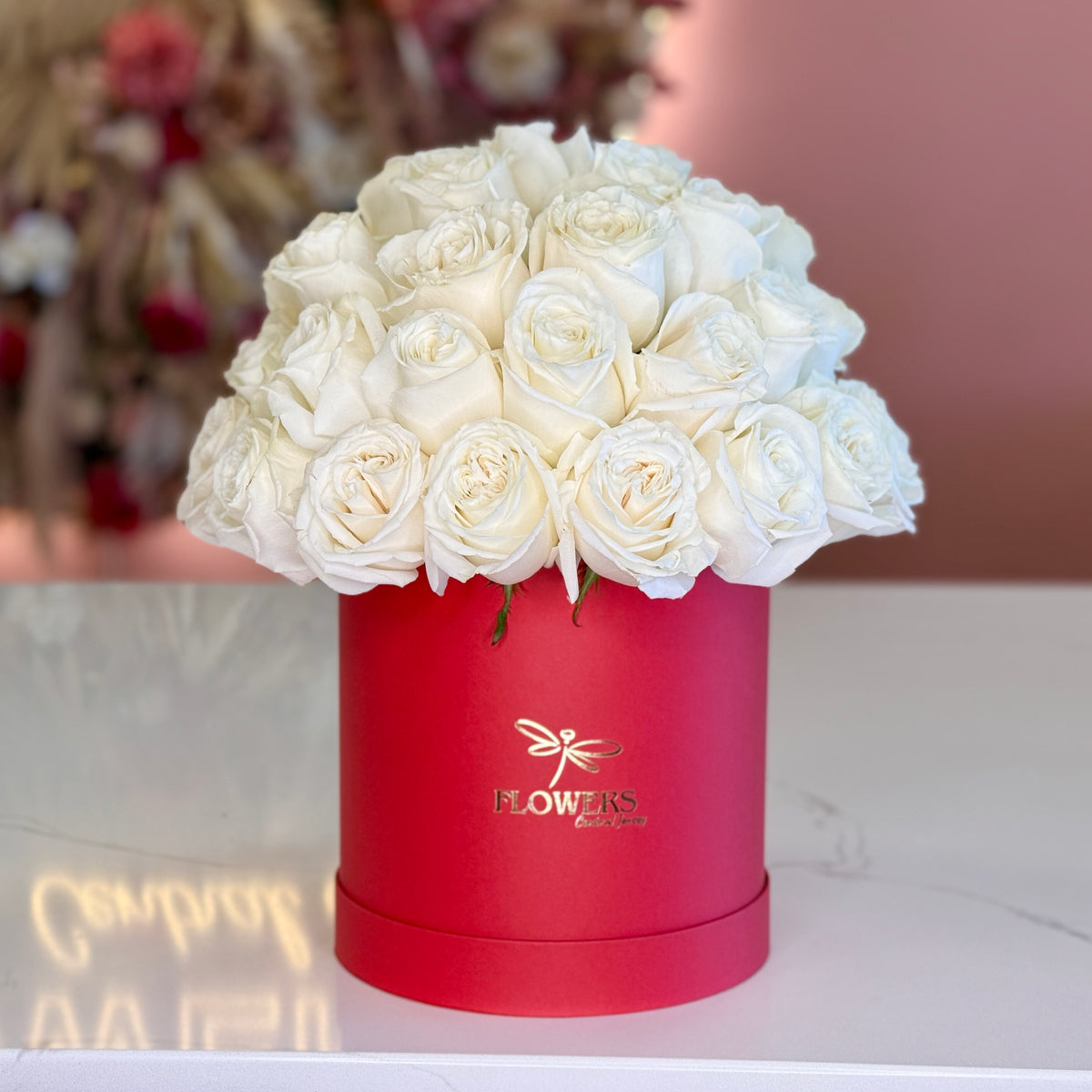 White Roses in Red Signature Flower Box