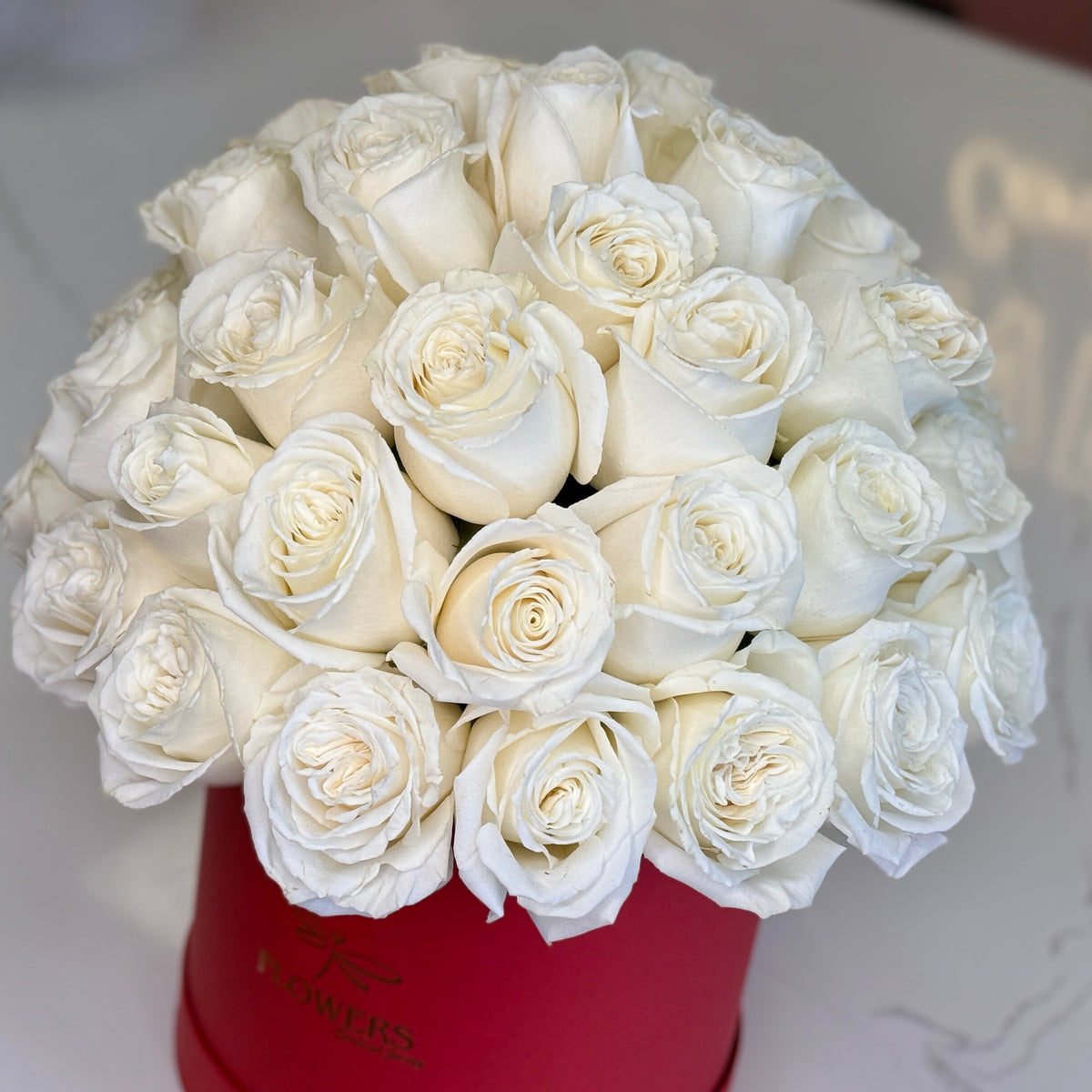 White Roses in Red Signature Flower Box