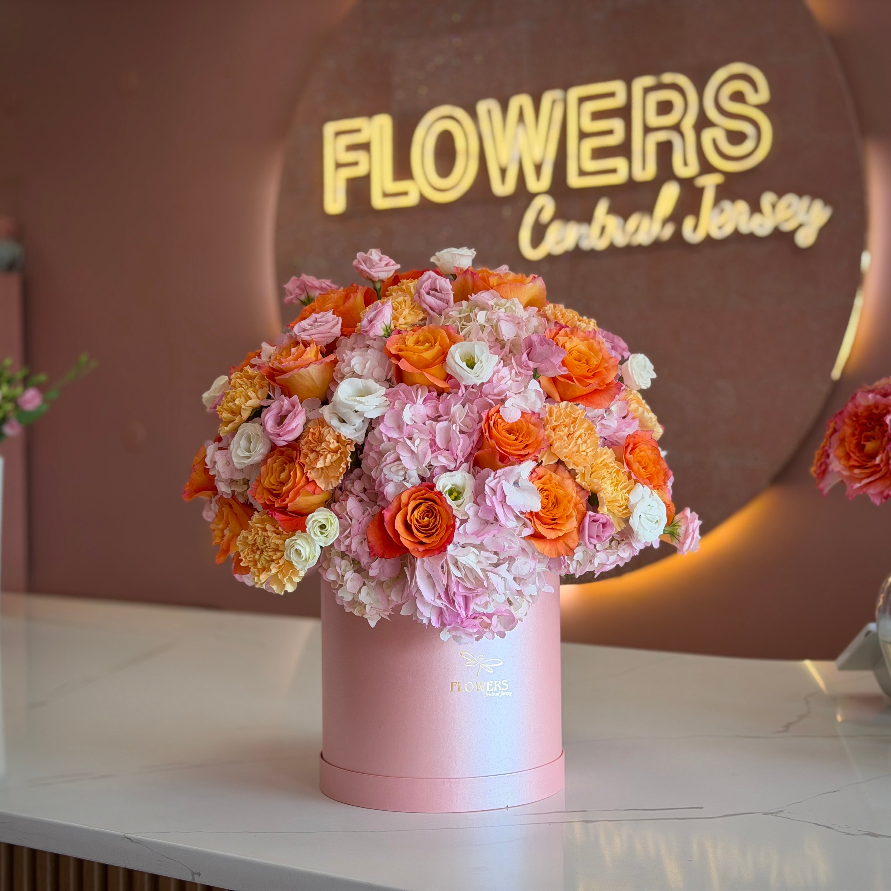 MERIDA Orange Roses, Pink Hydrangea & Lisianthus Flower Box