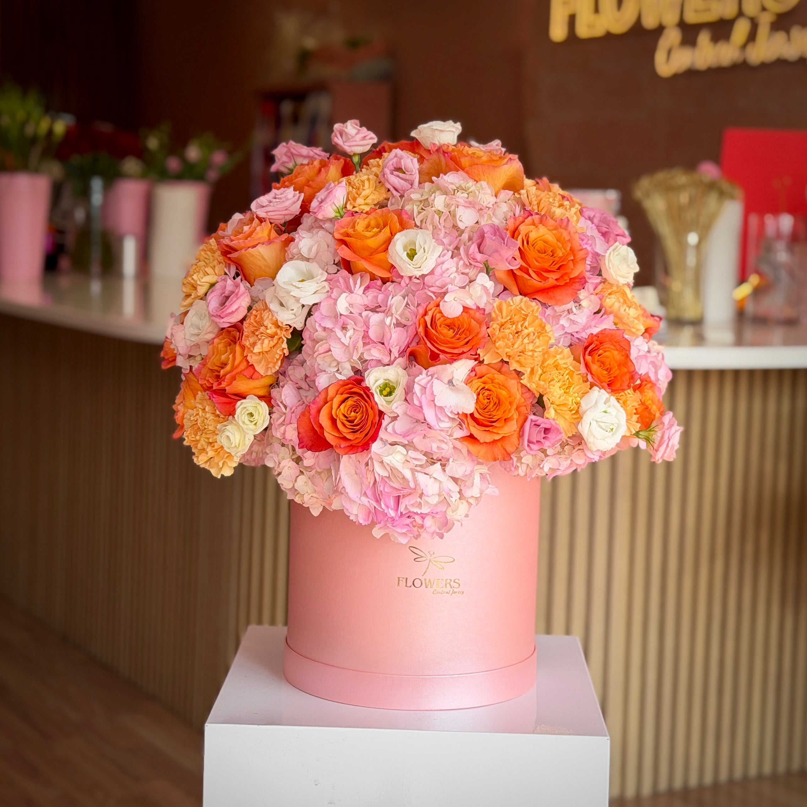 MERIDA Orange Roses, Pink Hydrangea & Lisianthus Flower Box