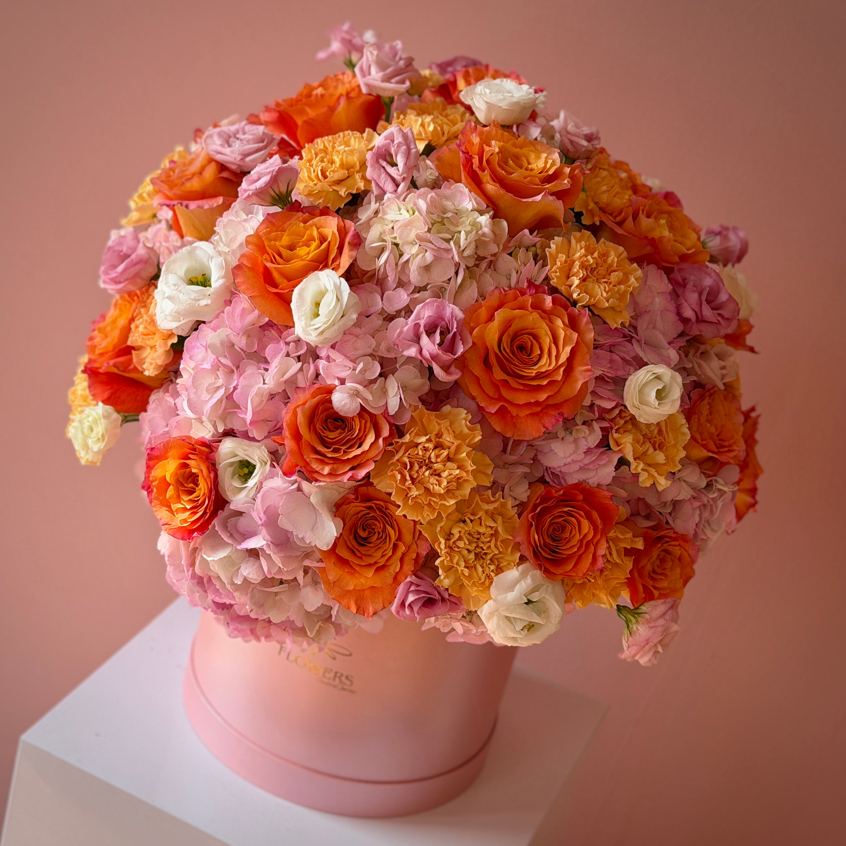 MERIDA Orange Roses, Pink Hydrangea & Lisianthus Flower Box