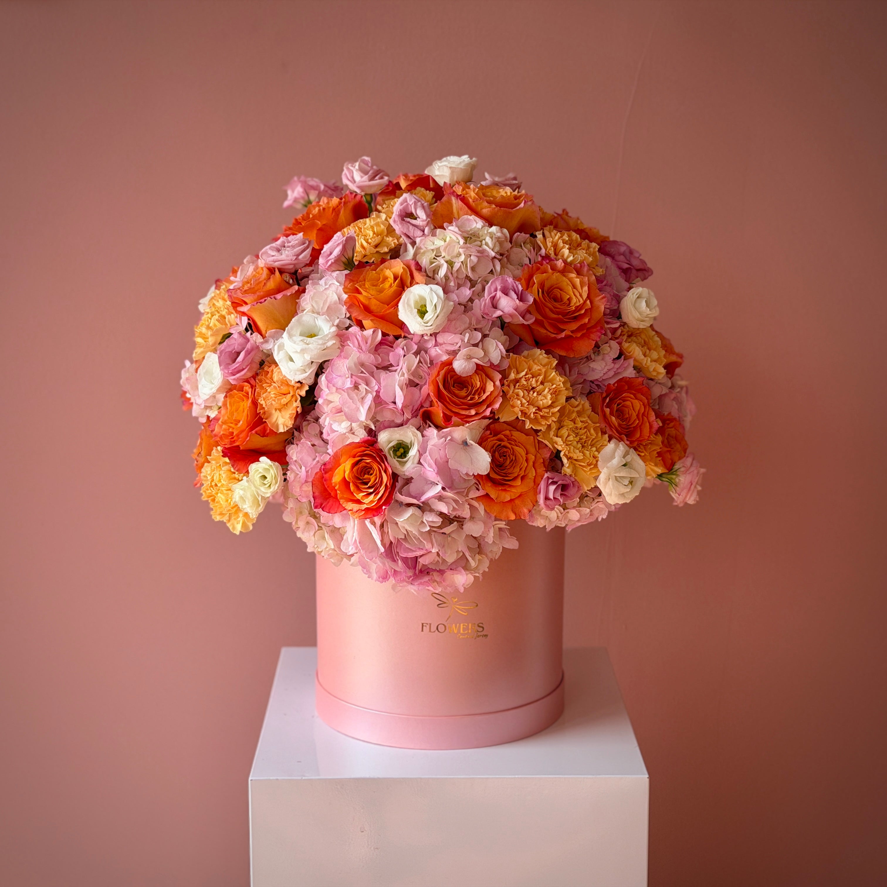 MERIDA Orange Roses, Pink Hydrangea & Lisianthus Flower Box