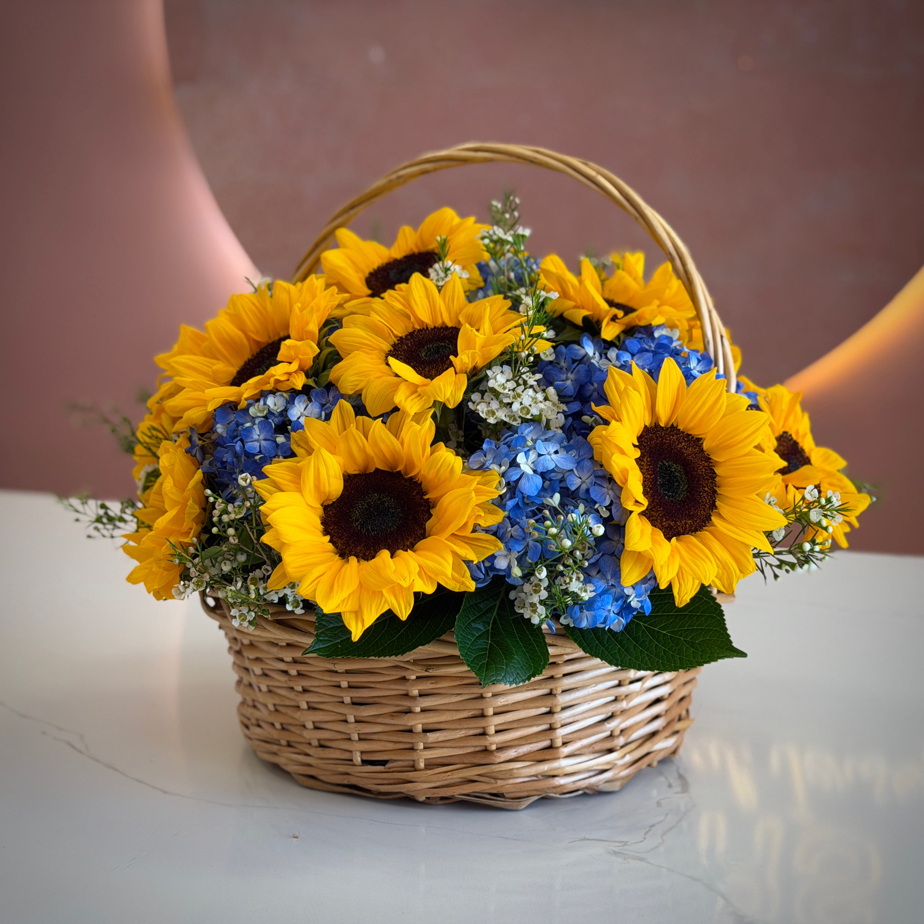 MAYA Sunflowers & Blue Hydrangea Flower Basket